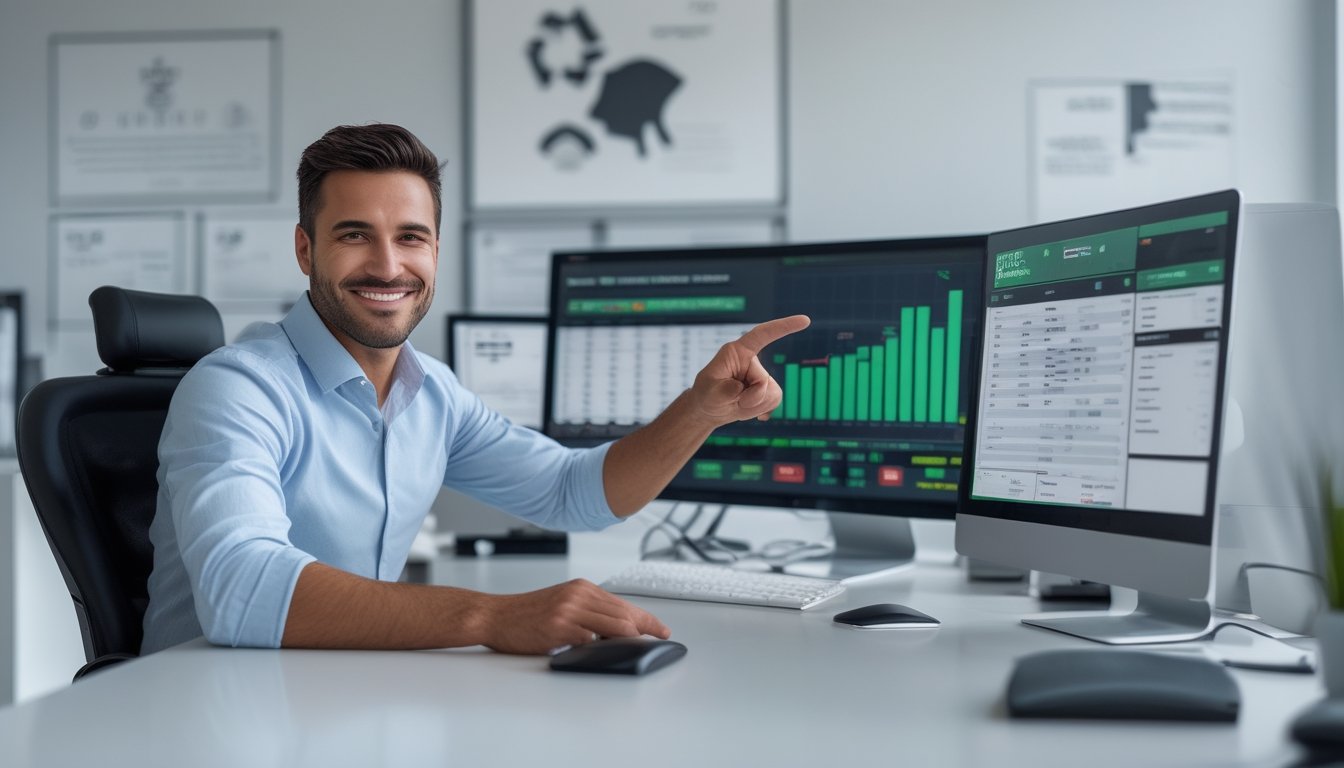 Seorang pria duduk di meja dengan beberapa layar komputer menampilkan data taruhan olahraga, tersenyum dan menunjuk ke layar di sebuah kantor modern.