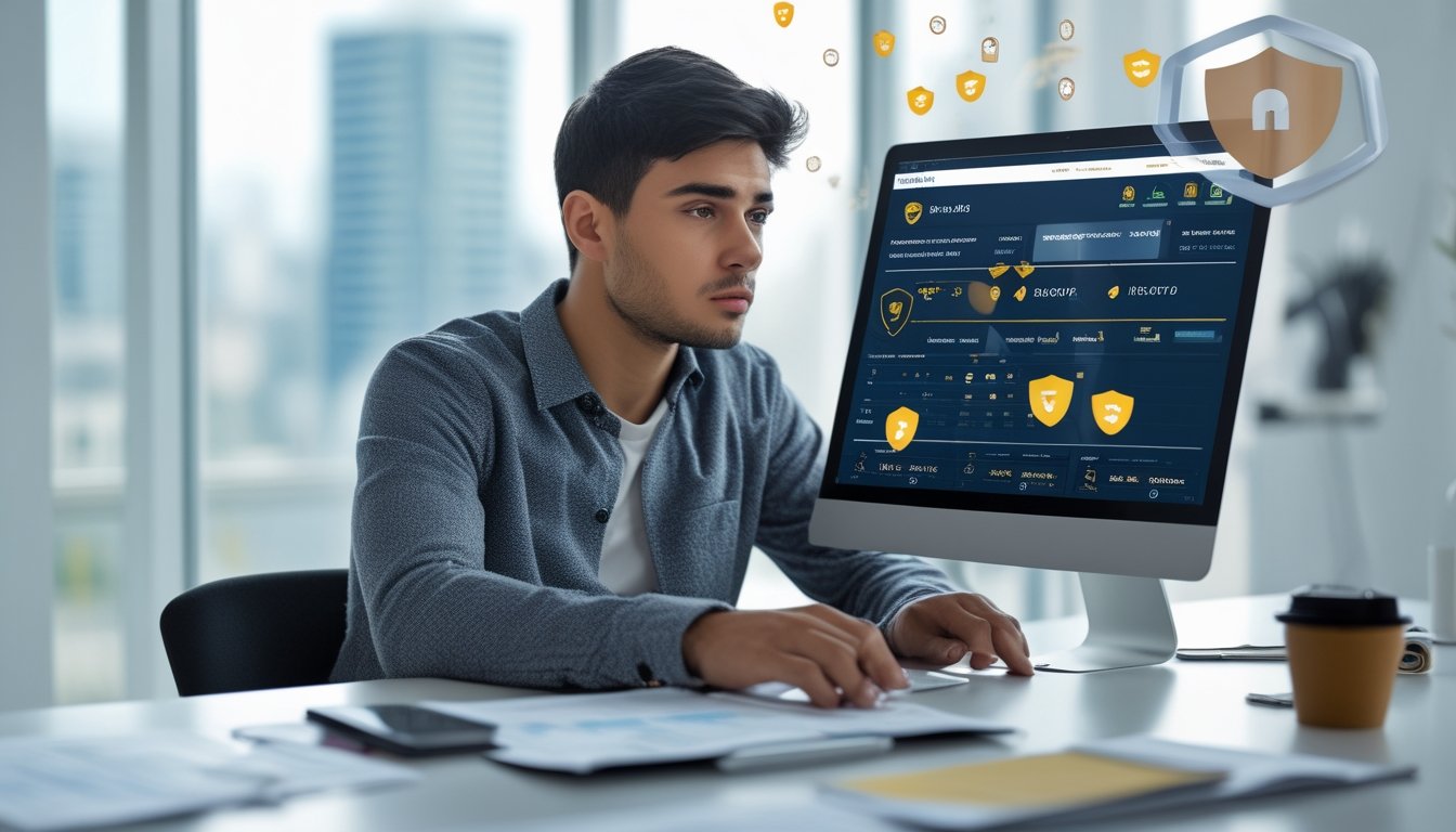 Seorang pria muda duduk di meja dengan laptop, terlihat fokus dan waspada saat menggunakan situs taruhan olahraga online.