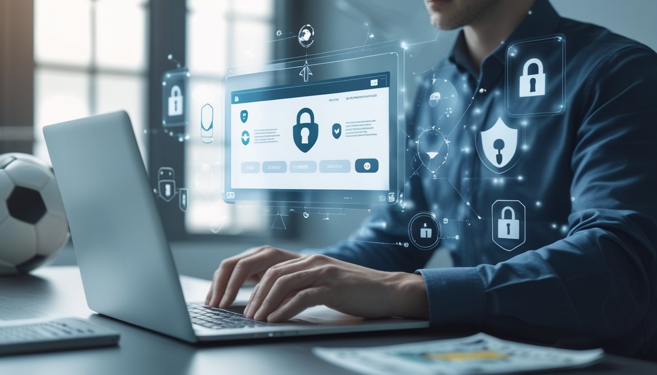 Seorang pria fokus menggunakan laptop di kantor dengan elemen digital yang menggambarkan keamanan dan pencegahan penipuan situs bandar bola.