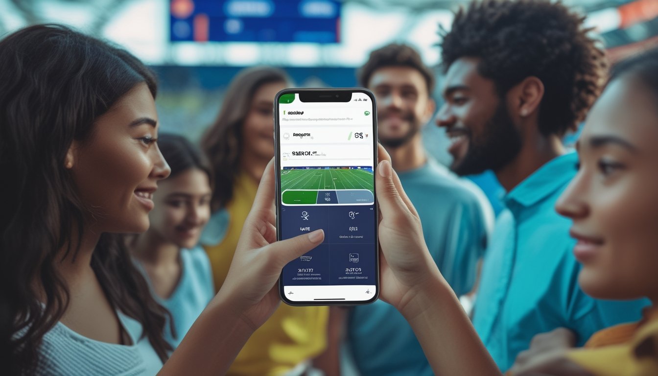 Sekelompok orang muda menggunakan ponsel untuk melakukan deposit mudah dengan pulsa dan e-wallet dalam suasana modern terkait taruhan olahraga.