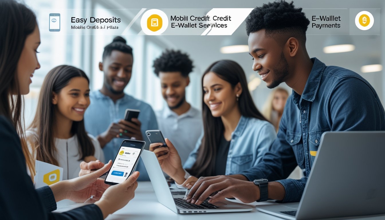 Beberapa orang muda menggunakan ponsel dan laptop untuk melakukan pembayaran digital dengan mudah menggunakan pulsa dan e-wallet.