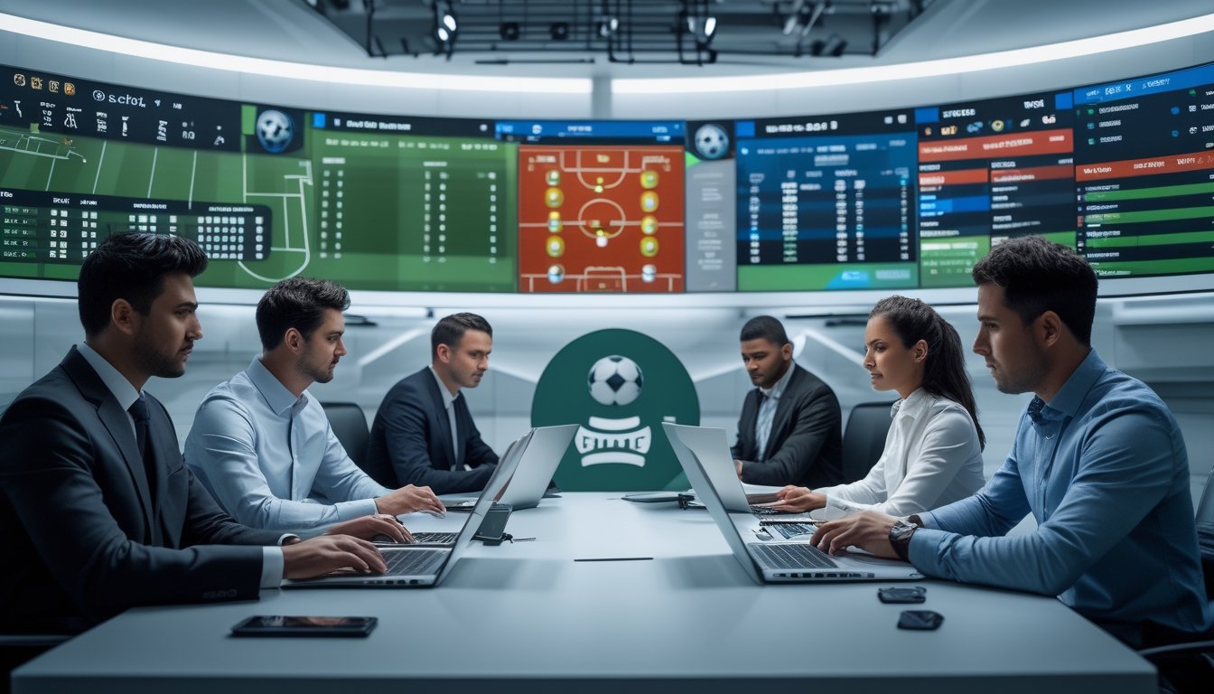 Sejumlah profesional sedang menganalisis data taruhan sepak bola menggunakan layar digital dan perangkat elektronik di sebuah ruang kerja modern.