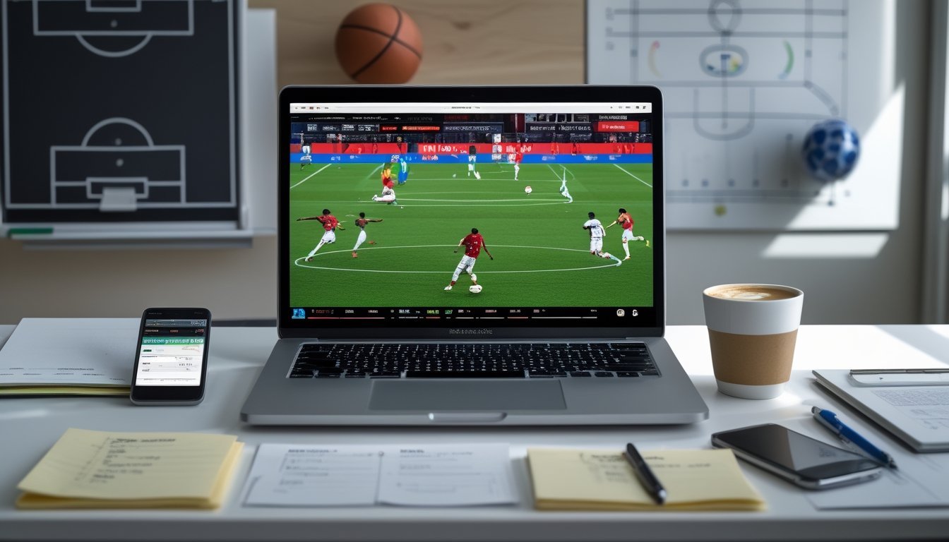 Seorang profesional bekerja di meja dengan laptop yang menampilkan siaran langsung pertandingan sepak bola, dikelilingi catatan, ponsel dengan peluang taruhan, dan dekorasi bertema olahraga.