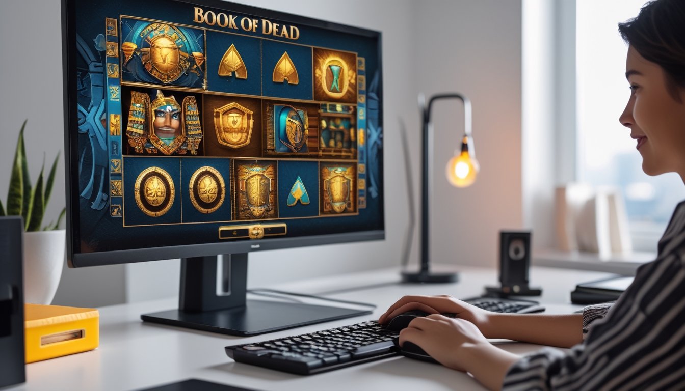 Seorang pemain muda sedang bermain game slot bertema Mesir kuno di komputer di meja yang rapi dan terang.