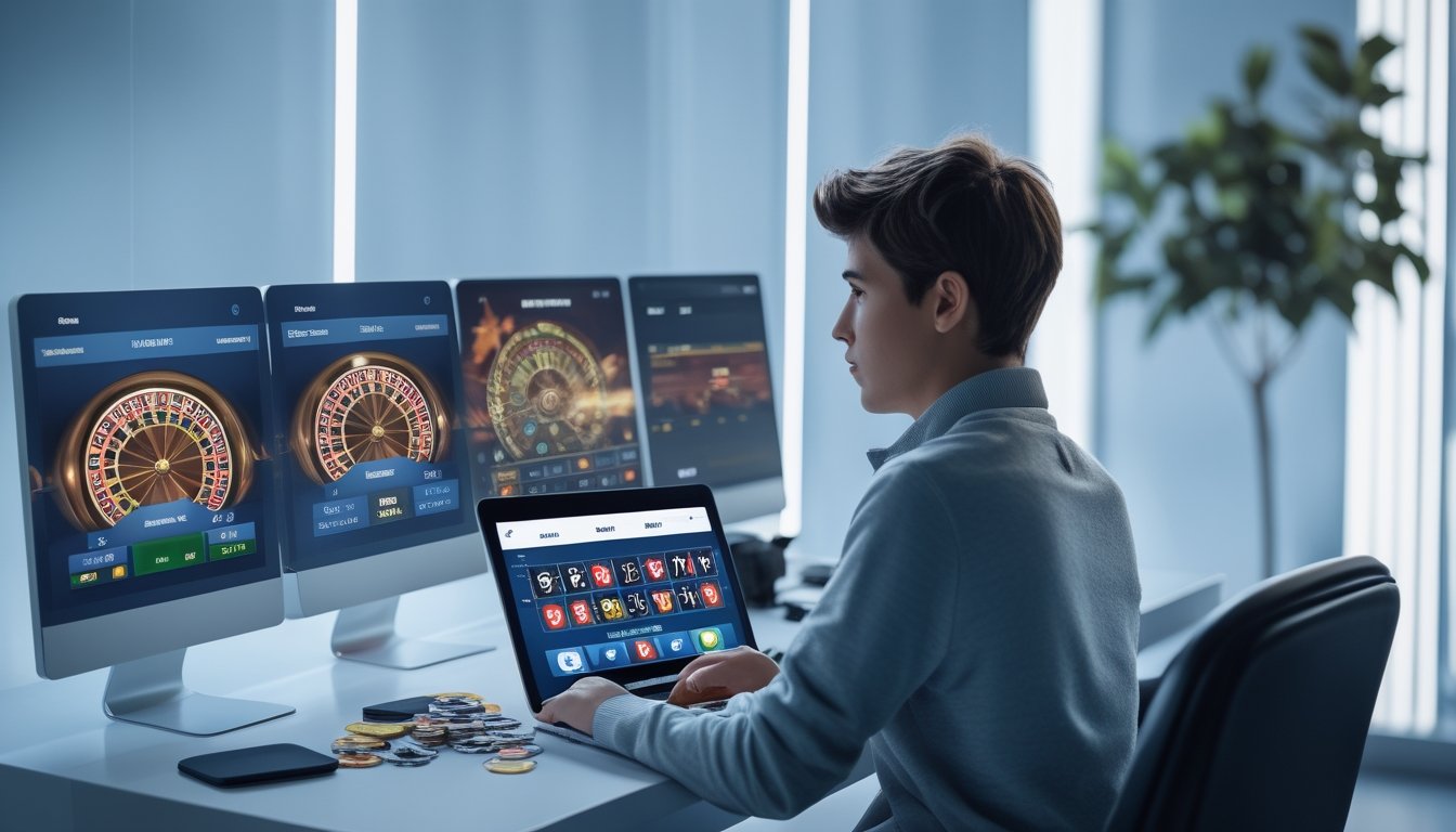 Seorang pemain pemula sedang bermain auto roulette online di depan beberapa layar komputer dengan tampilan roda roulette digital yang berputar.