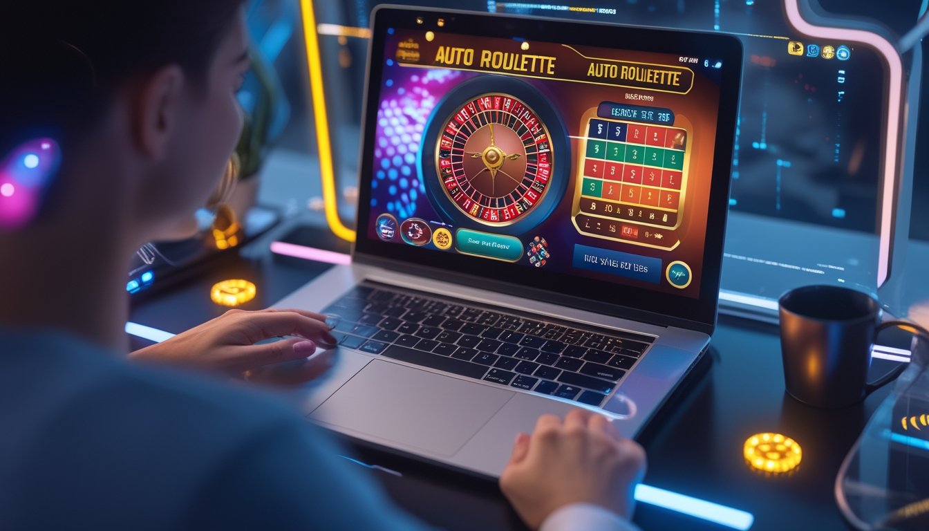 Seorang pengguna komputer yang tersenyum sedang bermain permainan auto roulette online dengan tampilan roda roulette berputar di layar.
