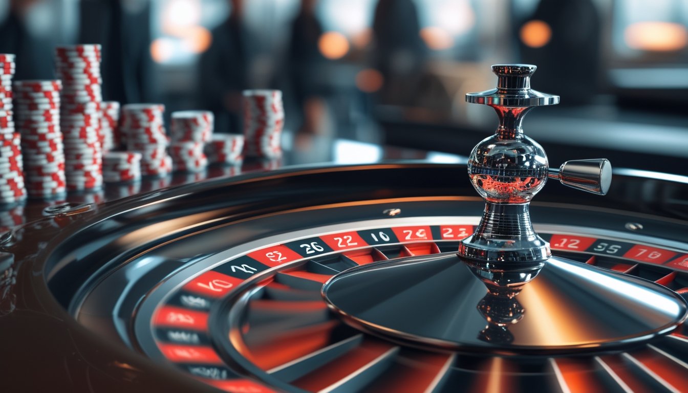 Meja roulette otomatis di kasino modern dengan roda roulette berputar dan tumpukan chip di sekitarnya.