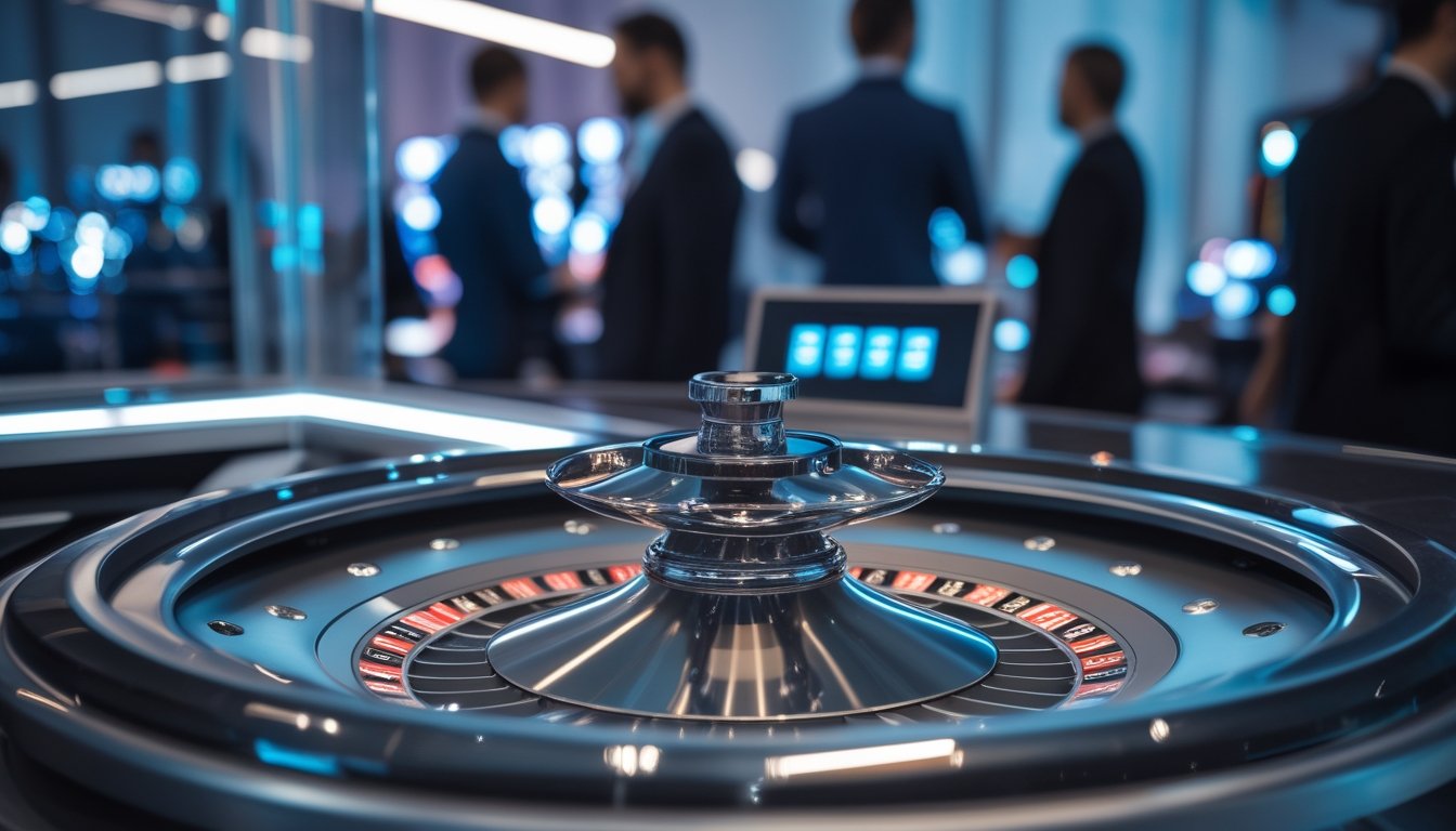 Mesin roulette otomatis modern di kasino dengan roda roulette berputar dan tampilan digital, dikelilingi oleh pemain yang mengamati permainan.