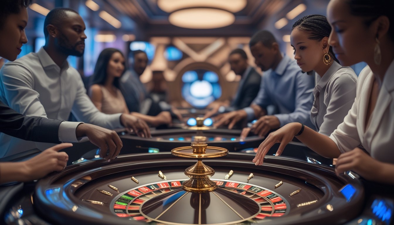 Sejumlah pemain sedang fokus bermain di meja auto roulette di kasino modern dengan suasana yang mewah dan pencahayaan terang.