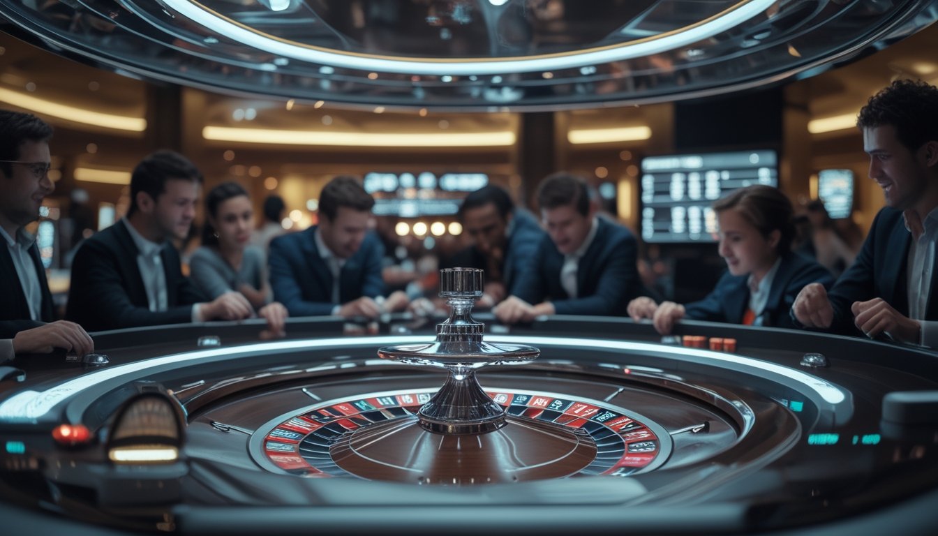 Meja auto roulette modern dengan pemain yang fokus dan suasana kasino yang canggih.