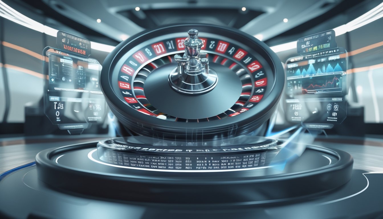 Roda roulette modern yang berputar dengan efek blur, dikelilingi oleh elemen antarmuka digital futuristik di lingkungan kasino berteknologi tinggi.