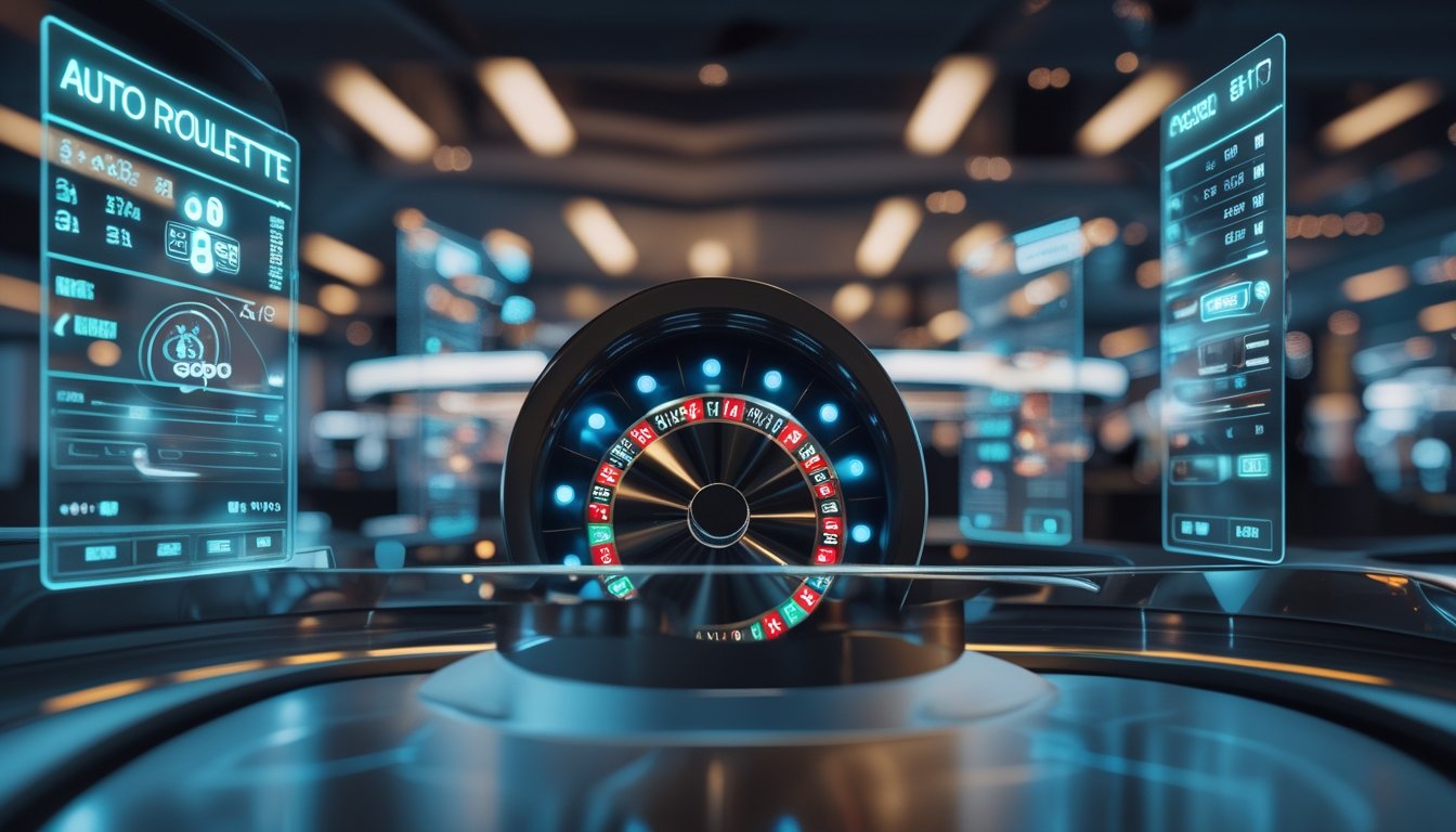 Close-up roda roulette otomatis yang sedang berputar cepat dengan layar digital menampilkan data kecepatan dan taruhan di latar belakang kasino modern.