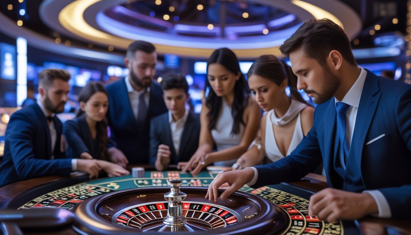 Meja roulette otomatis modern dengan pemain yang sedang memasang taruhan di kasino.