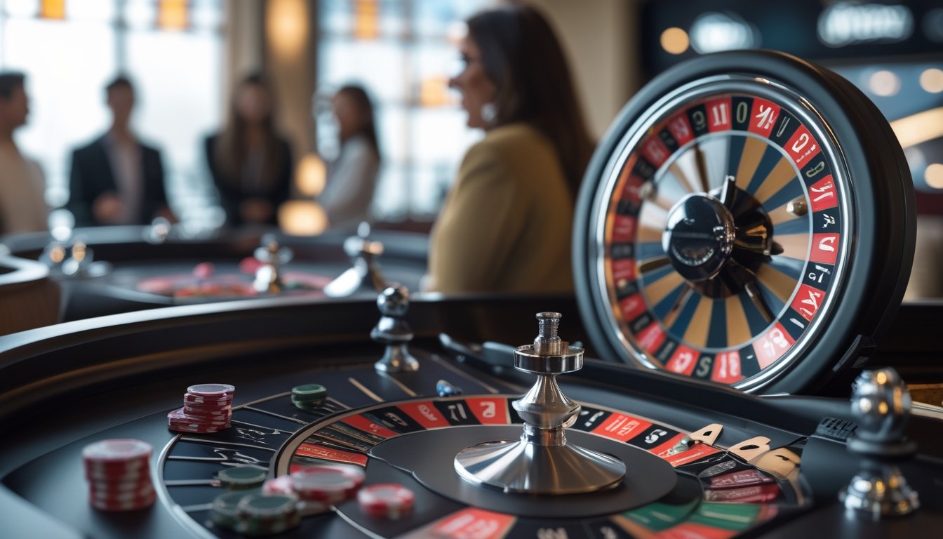 Meja roulette otomatis dengan roda roulette berputar dan tumpukan chip taruhan di kasino.