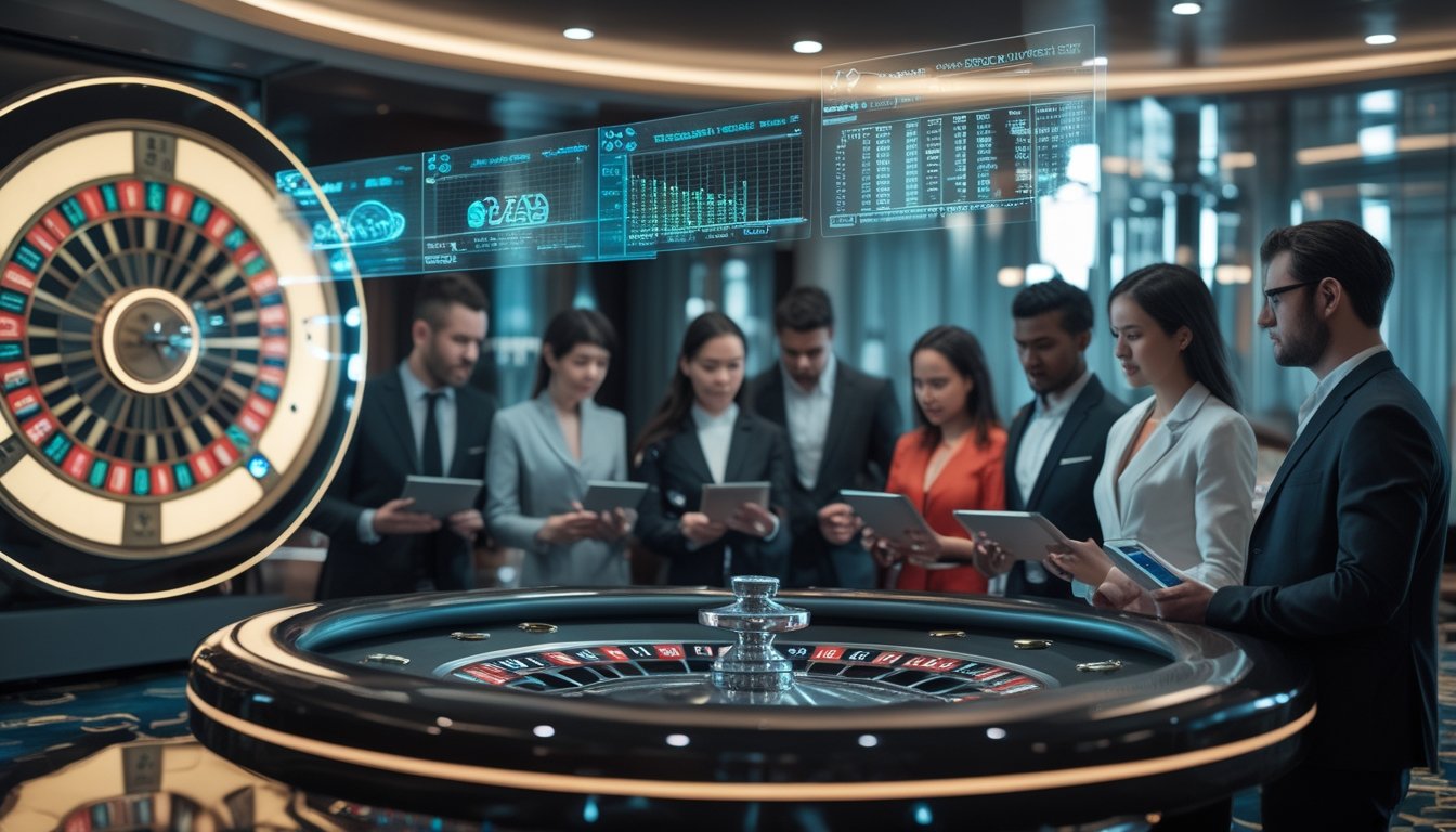Beberapa orang profesional sedang menganalisis data peluang dan probabilitas kemenangan di meja auto roulette modern dalam suasana kasino yang canggih.