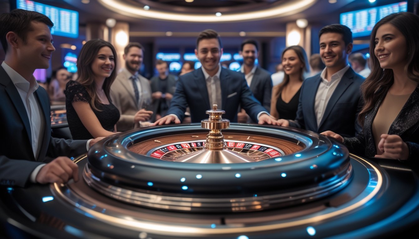 Suasana kasino modern dengan mesin roulette otomatis yang sedang berputar dan pemain yang mengamati dengan antusias.