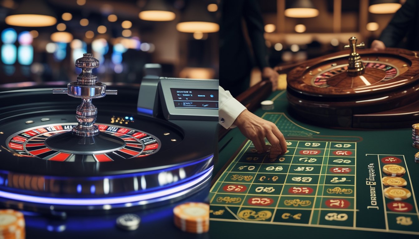 Suasana kasino dengan dua meja roulette berdampingan, satu mesin Auto Roulette modern dan satu meja Roulette konvensional dengan dealer dan pemain.