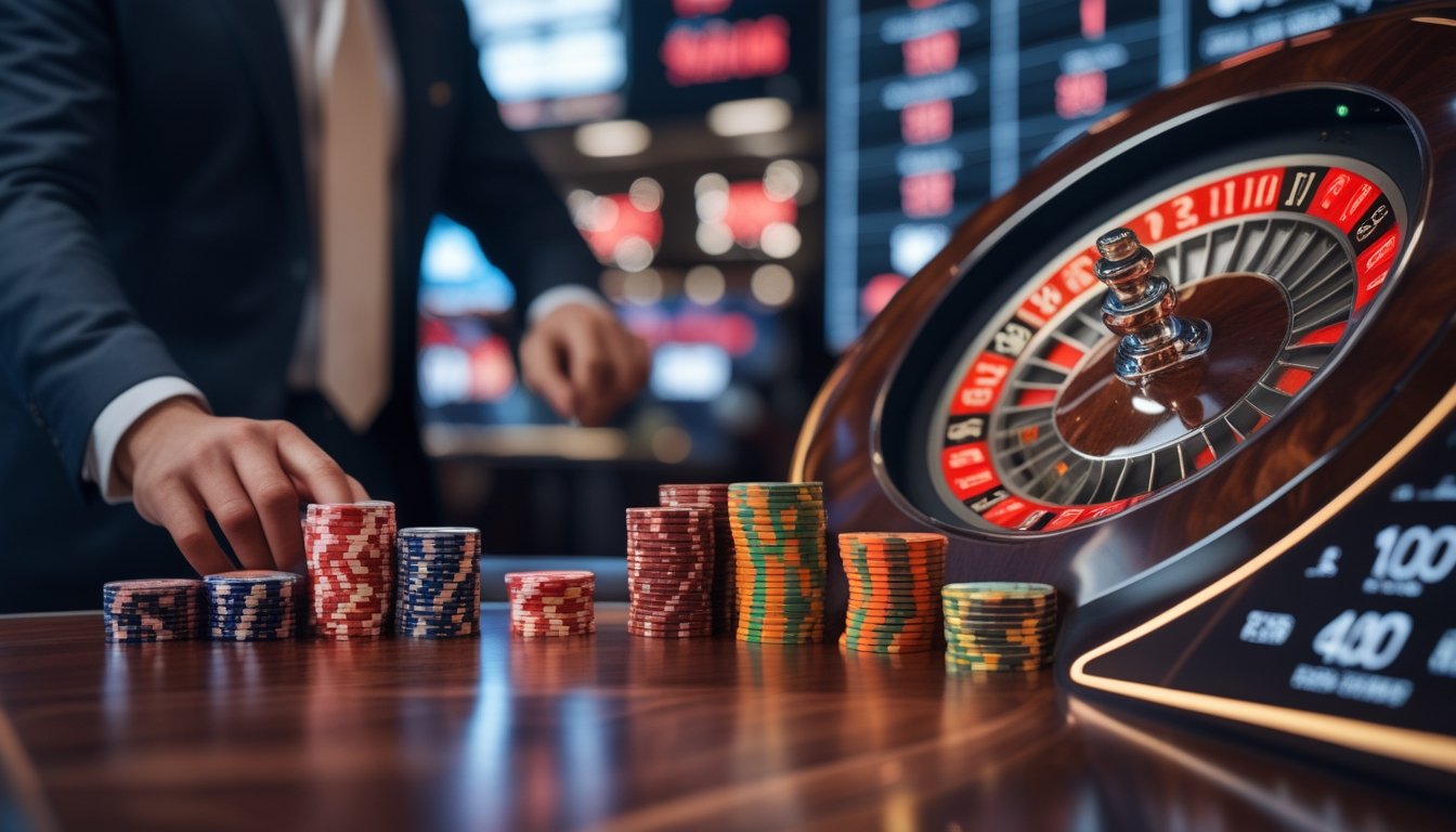 Seorang pemain di kasino yang sedang mengatur chip dan memperhatikan mesin auto roulette yang berputar.
