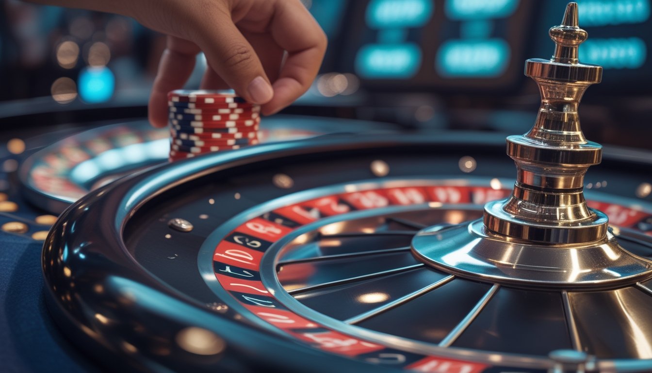 Sebuah tangan mengatur tumpukan chip kasino di dekat roda roulette yang sedang berputar di kasino.