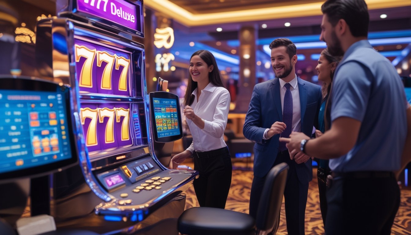 Orang-orang di kasino modern sedang bermain mesin slot dengan simbol 777 yang menyala, suasana ramai dan penuh semangat.