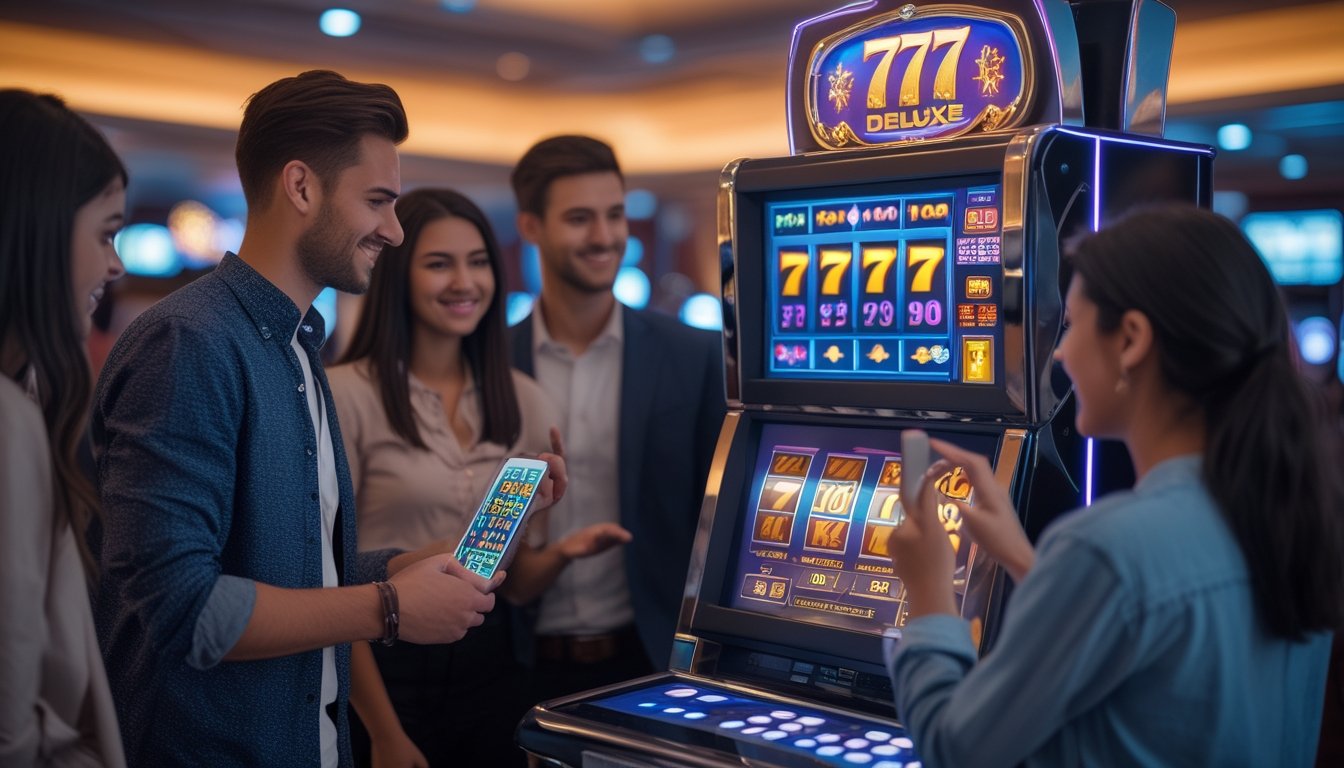 Sekelompok orang muda sedang bermain dan belajar pola mesin slot 777 deluxe di kasino dengan mesin slot yang menyala dan suasana yang hangat.