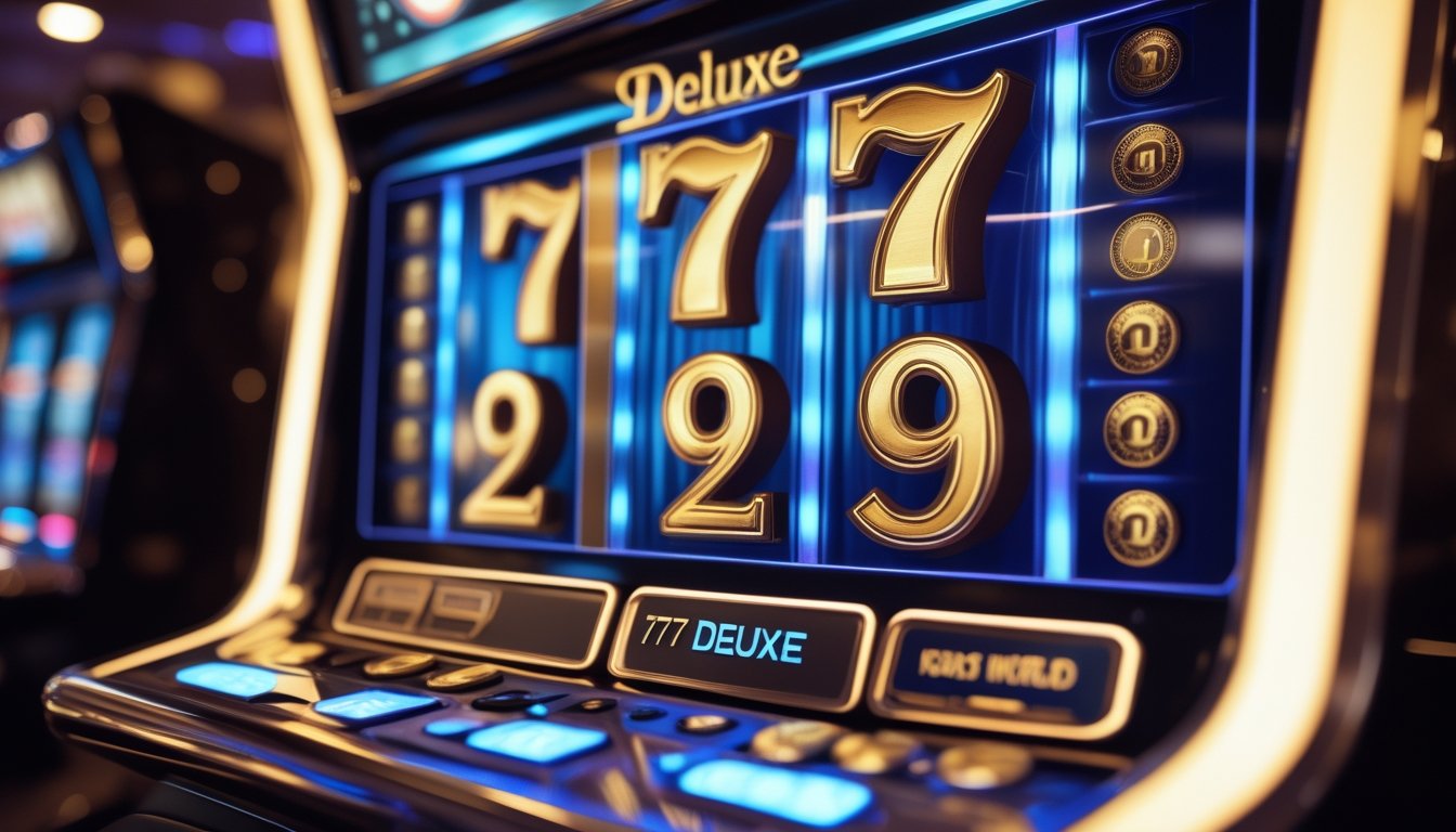 Mesin slot 777 modern dengan lampu LED berwarna biru dan emas, dikelilingi oleh koin dan simbol jackpot yang berkilau di dalam suasana kasino mewah.