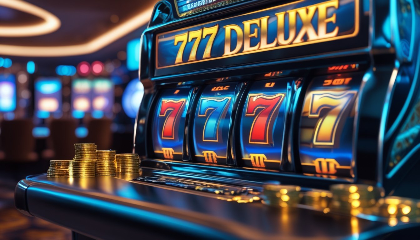 Mesin slot 777 Deluxe dengan tiga angka tujuh yang menyala, dikelilingi koin emas dan lampu kasino yang redup.