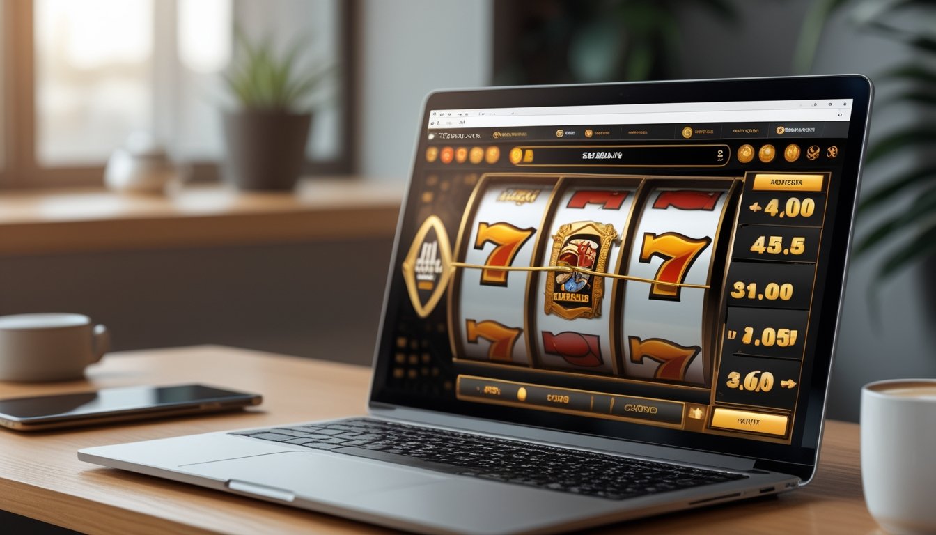 Seorang pengguna melihat layar laptop yang menampilkan permainan mesin slot dengan grafik warna-warni di meja kerja dengan ponsel dan cangkir kopi.