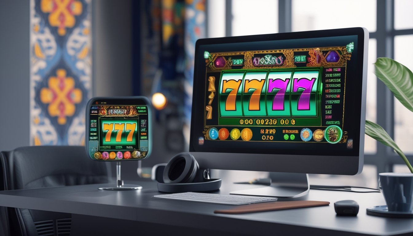 Sebuah meja kerja modern dengan komputer dan ponsel yang menampilkan permainan slot 777, dengan latar belakang elemen budaya Indonesia yang halus.