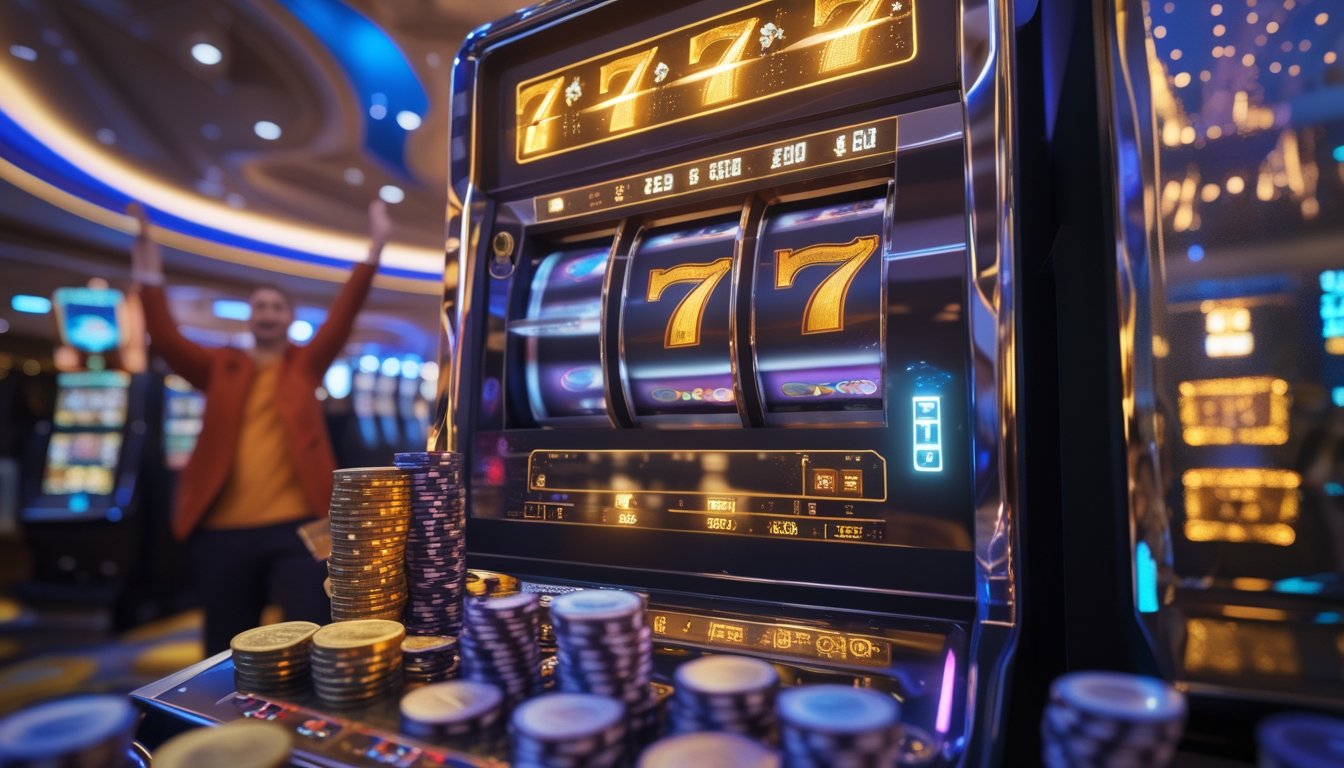 Seseorang merayakan kemenangan jackpot di mesin slot 777 di dalam kasino dengan tumpukan chip dan koin di sekitarnya.