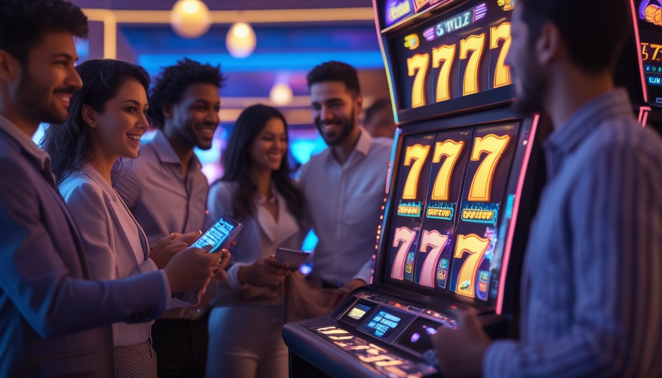 Orang-orang bermain mesin slot 777 Deluxe di kasino dengan ekspresi antusias dan suasana yang hidup.