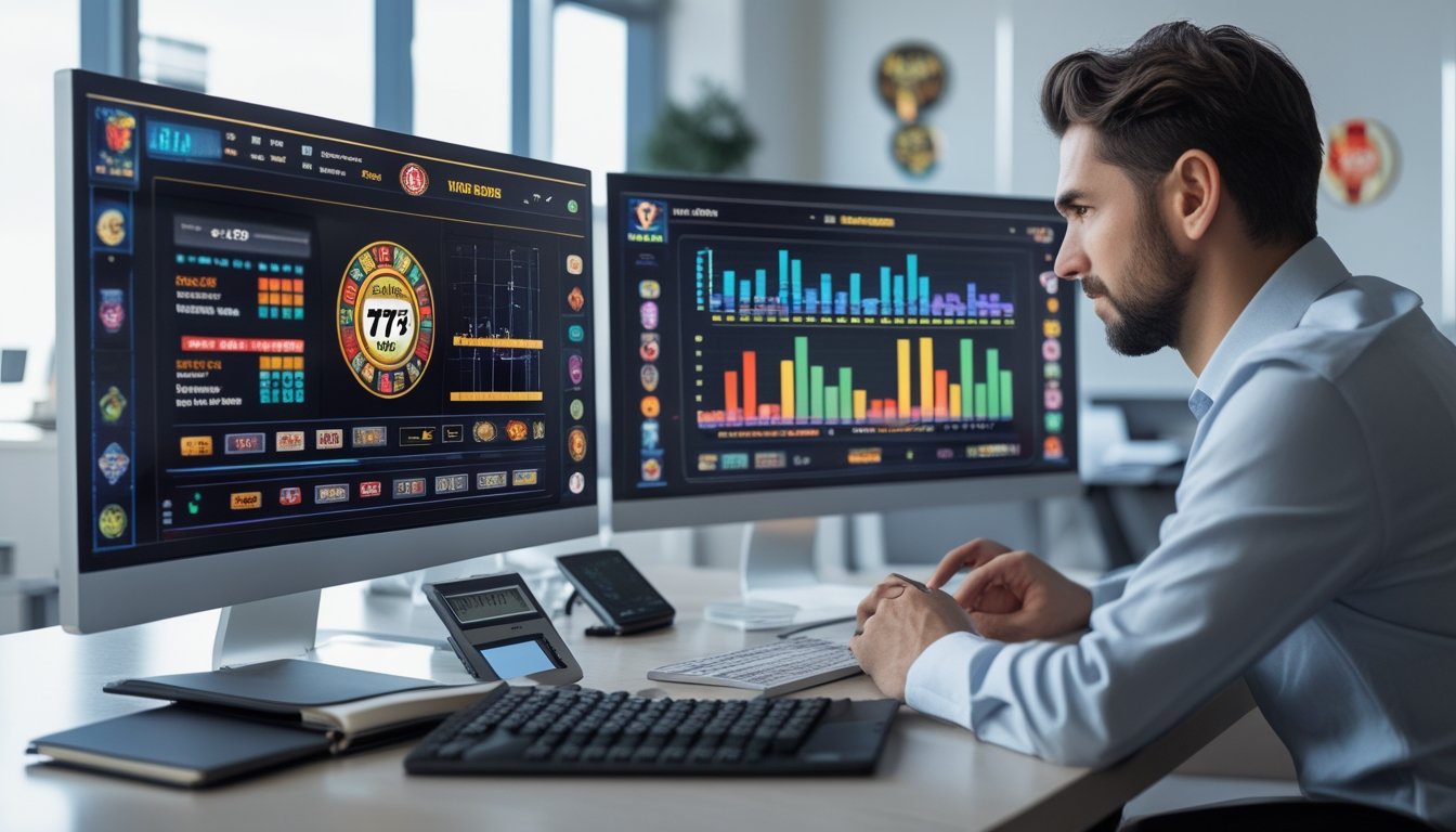 Seorang analis sedang memeriksa data di layar komputer dengan grafik dan elemen mesin slot di kantor modern yang rapi dan terang.