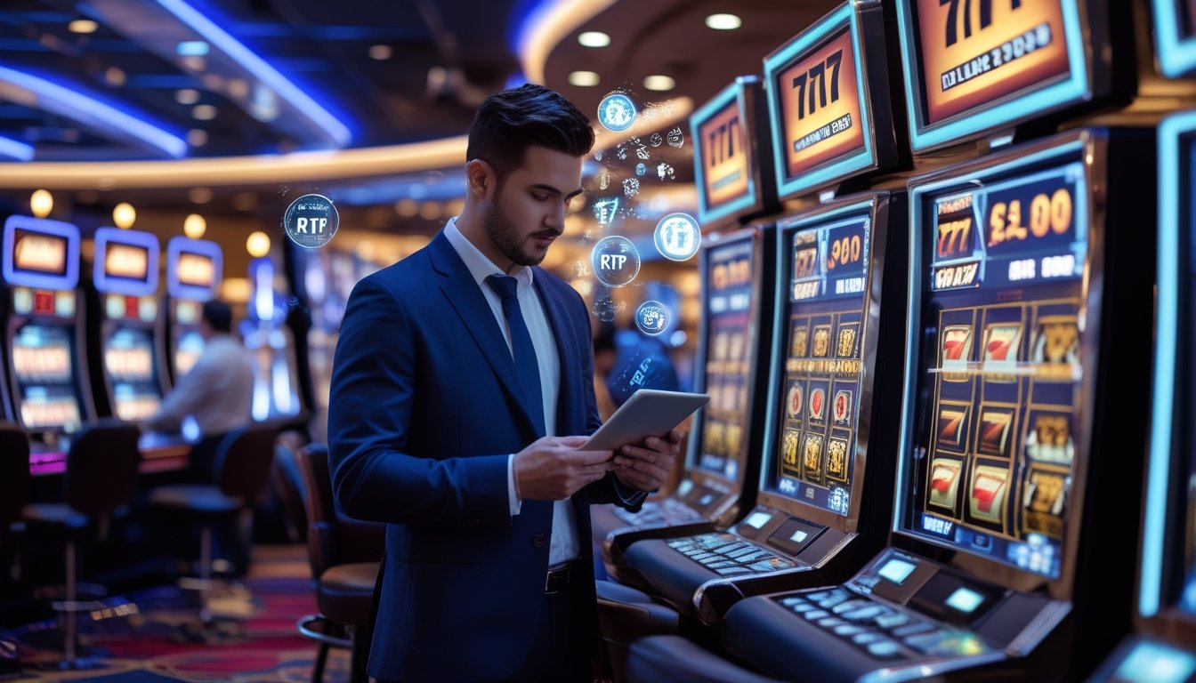 Seorang profesional sedang memeriksa data di dekat mesin slot 777 Deluxe di lantai kasino yang terang dan modern.