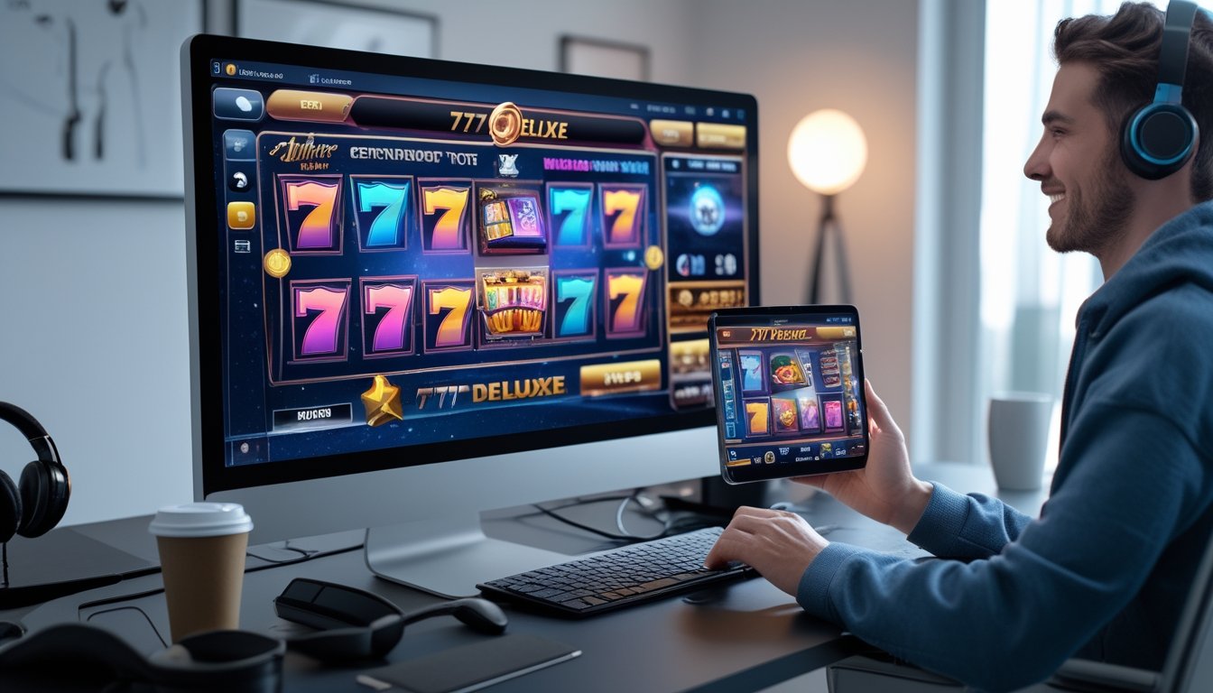Seseorang menggunakan komputer dan ponsel untuk bermain game slot online di ruangan yang terang dengan dekorasi minimalis.