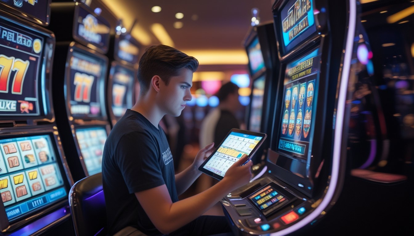 Seorang pemain muda fokus duduk di depan mesin slot 777 Deluxe di dalam kasino modern, sambil melihat tablet yang menampilkan grafik strategi taruhan.