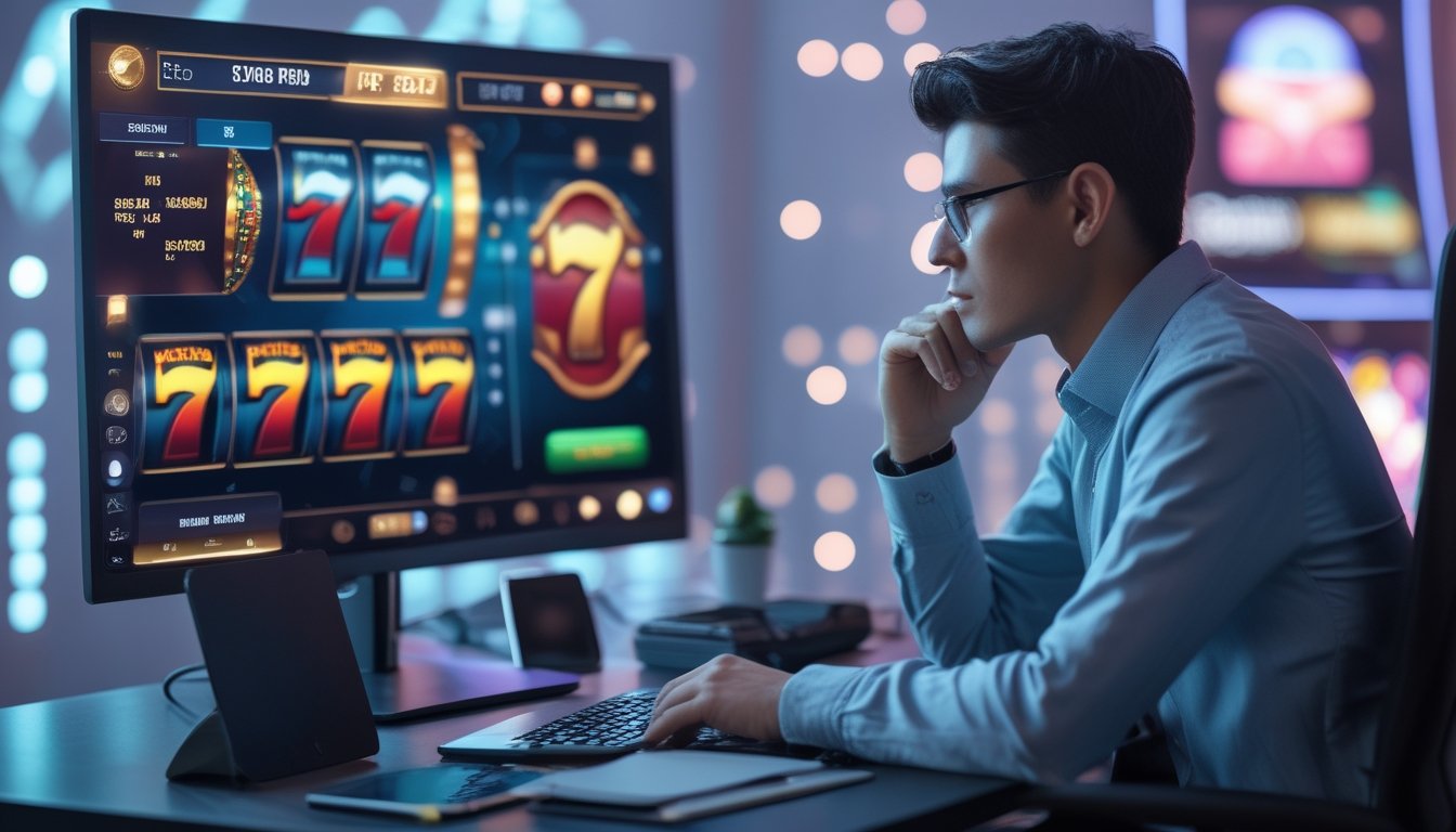 Seseorang sedang menganalisis data di depan komputer dengan latar belakang tema permainan slot online.