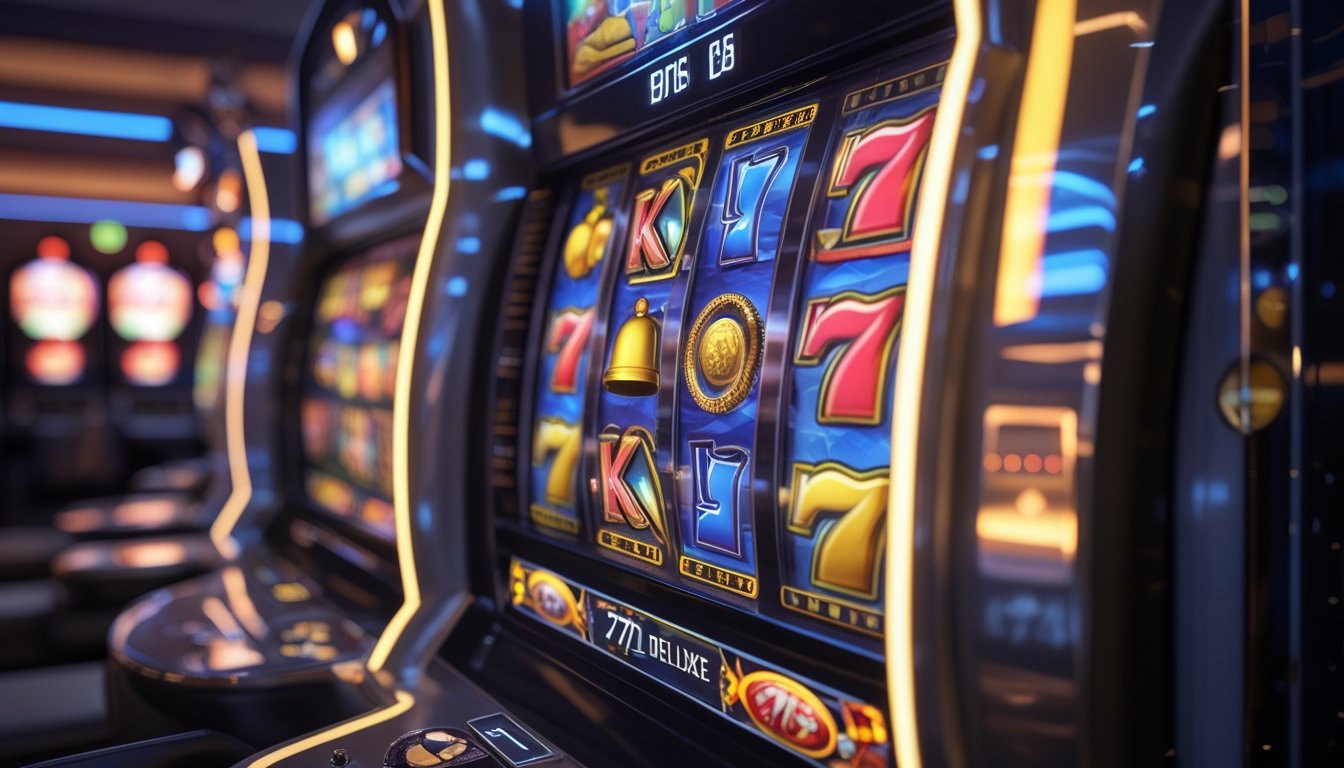 Close-up mesin slot modern dengan simbol warna-warni seperti angka tujuh, ceri, lonceng, dan emas, menunjukkan kombinasi menang di kasino mewah.