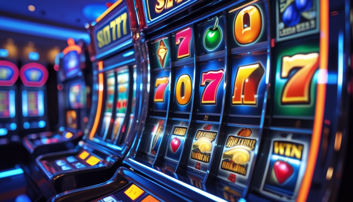 Foto close-up mesin slot dengan simbol tujuh, ceri, lonceng, dan bar yang berwarna cerah di dalam kasino.