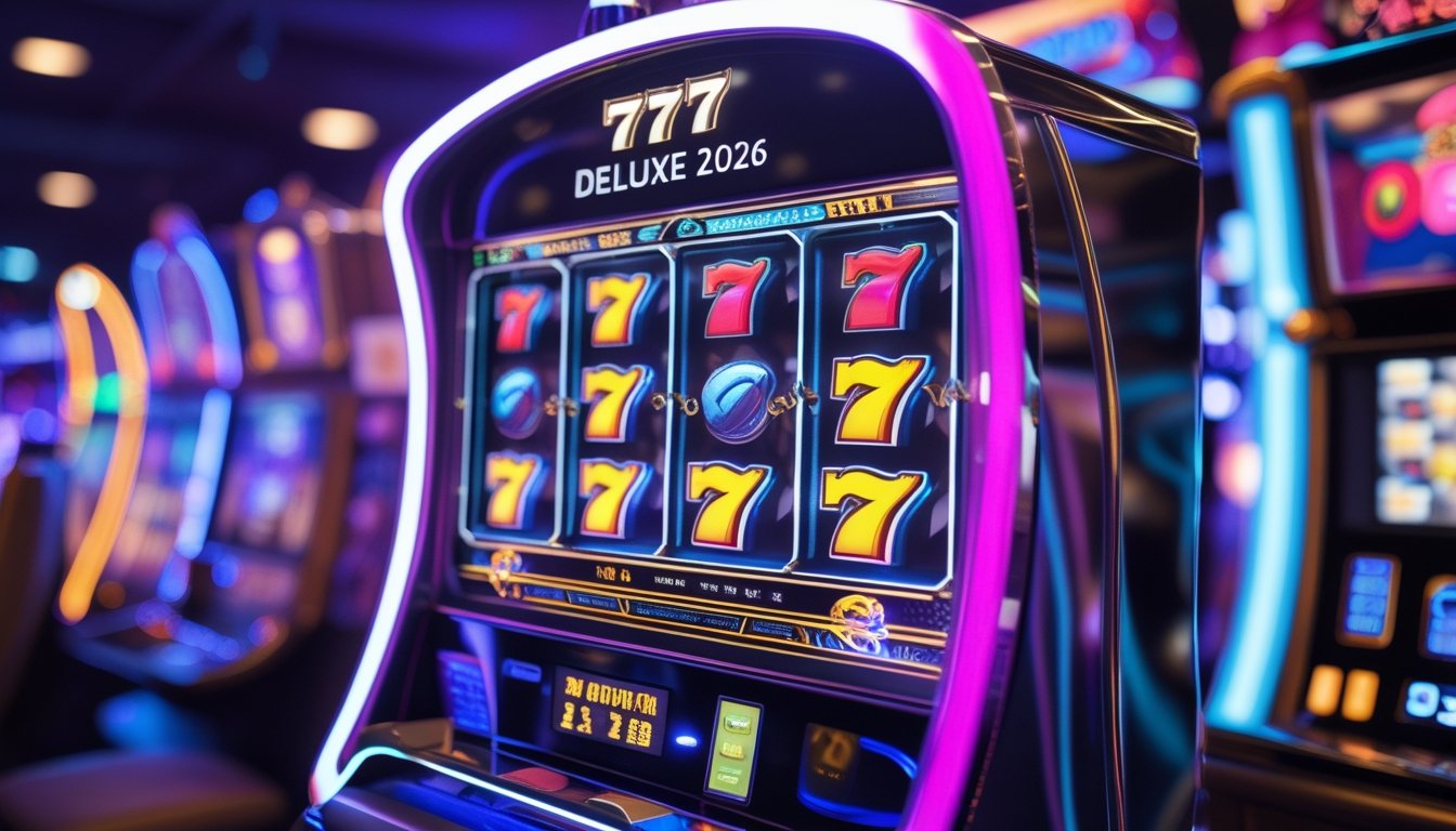 Mesin slot modern dengan simbol tujuh dan koin emas di dalam kasino yang terang dan ramai.