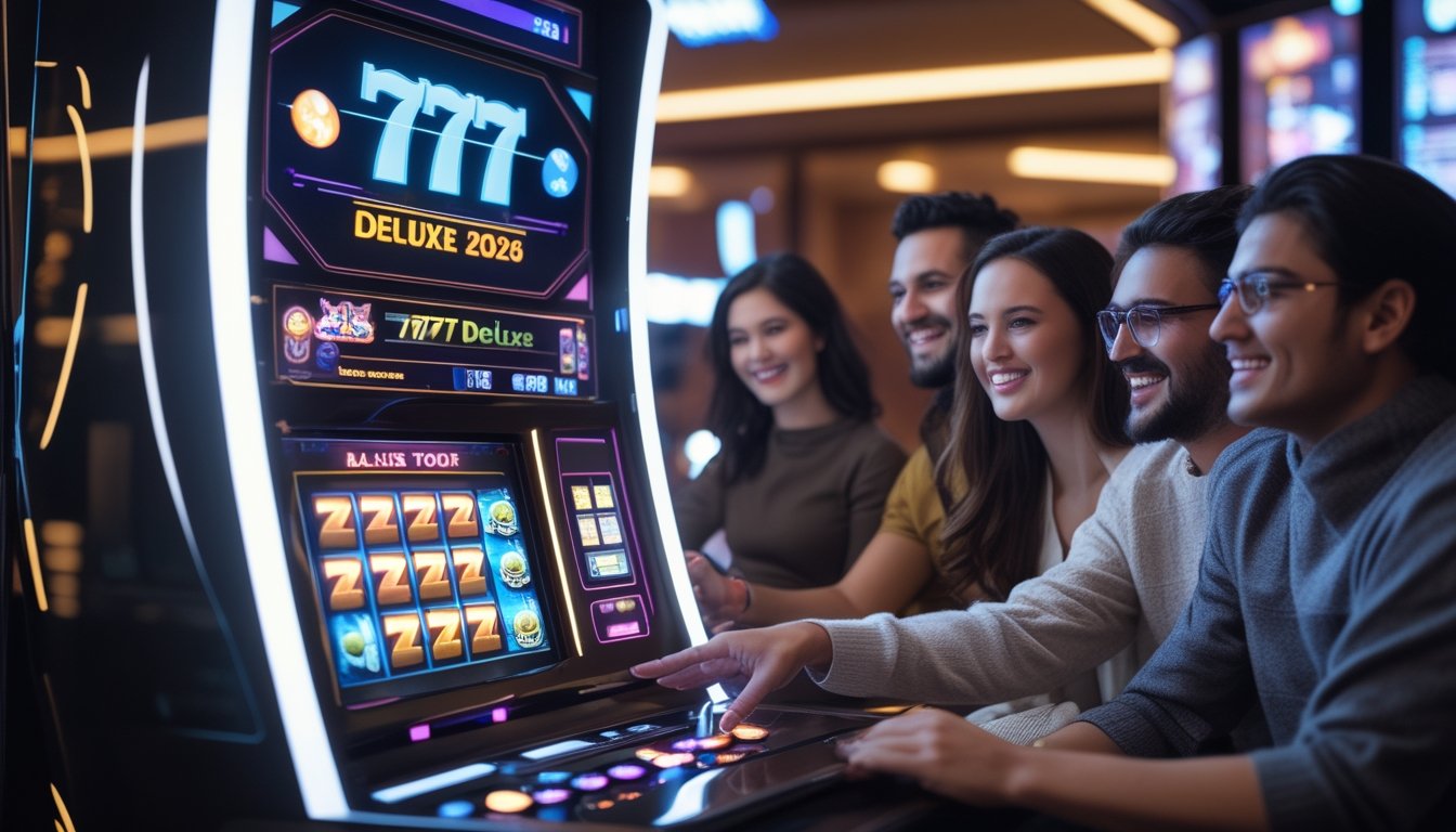 Beberapa orang sedang bermain mesin slot modern di kasino dengan suasana mewah dan pencahayaan hangat.