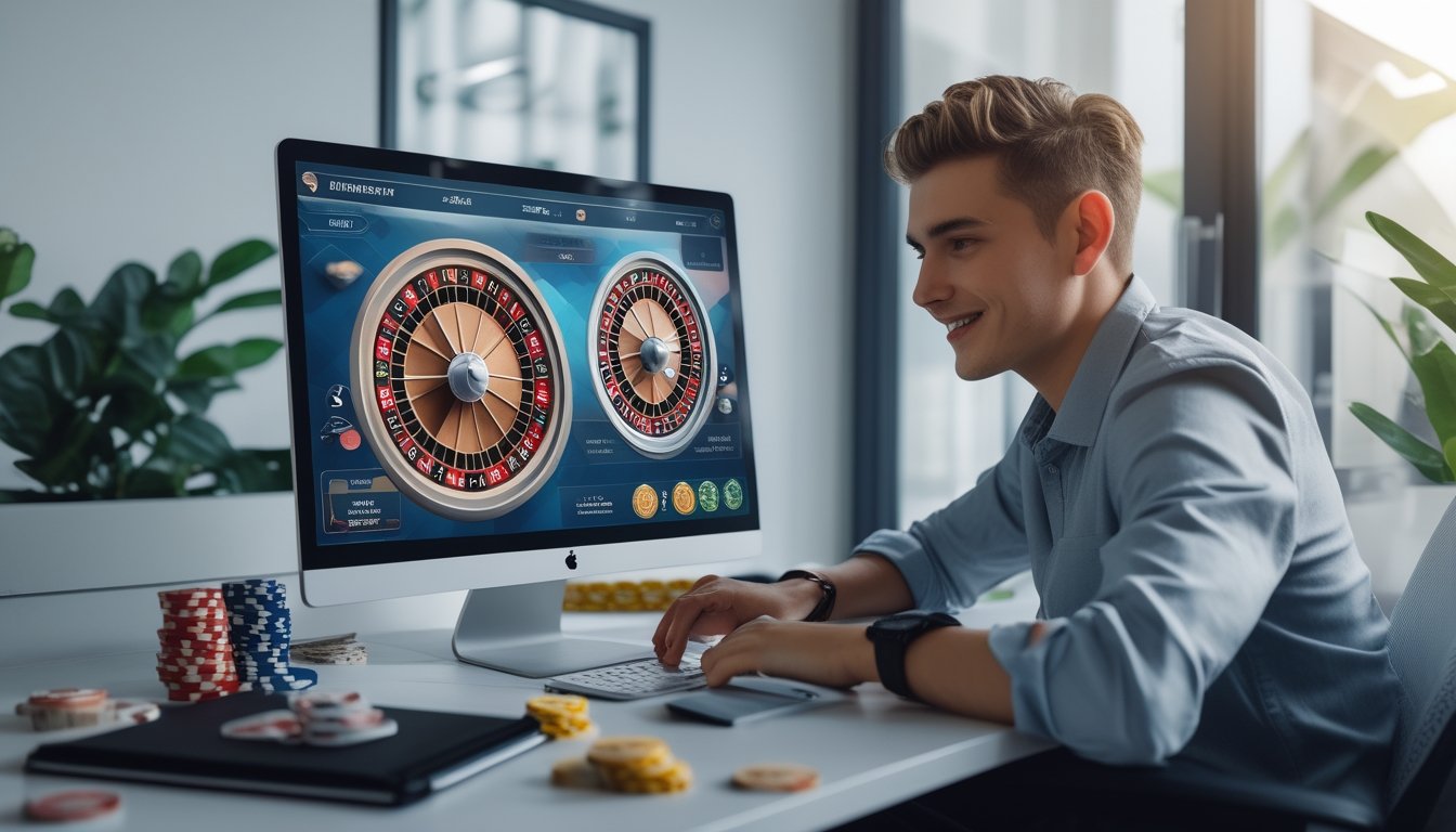 Seorang pemula bermain roulette multi-wheel secara online di depan komputer dengan beberapa roda roulette di layar.
