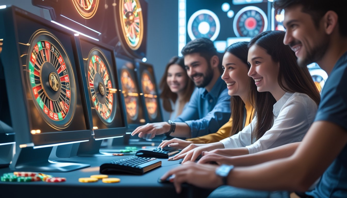 Beberapa orang muda sedang bermain roulette multi-wheel secara online di depan komputer dengan tampilan roda roulette berwarna-warni di layar.