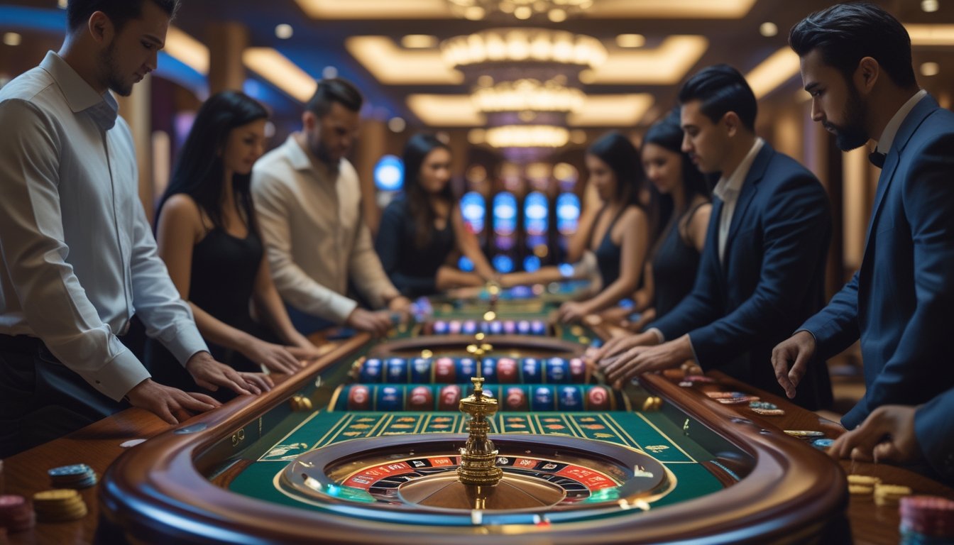 Beberapa pemain berjudi di meja roulette dengan beberapa roda roulette yang berputar di kasino yang mewah.