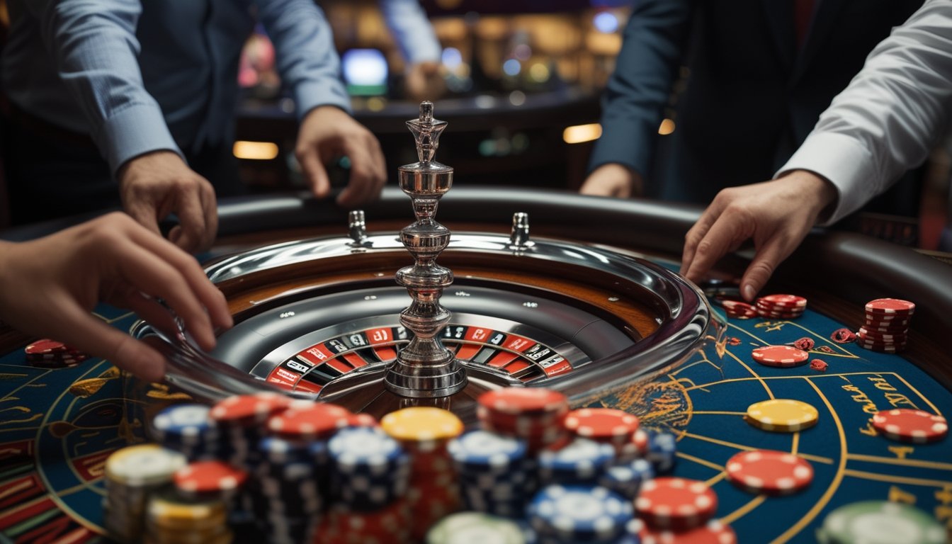 Beberapa roda roulette berputar di atas meja kasino dengan pemain yang menempatkan chip taruhan.