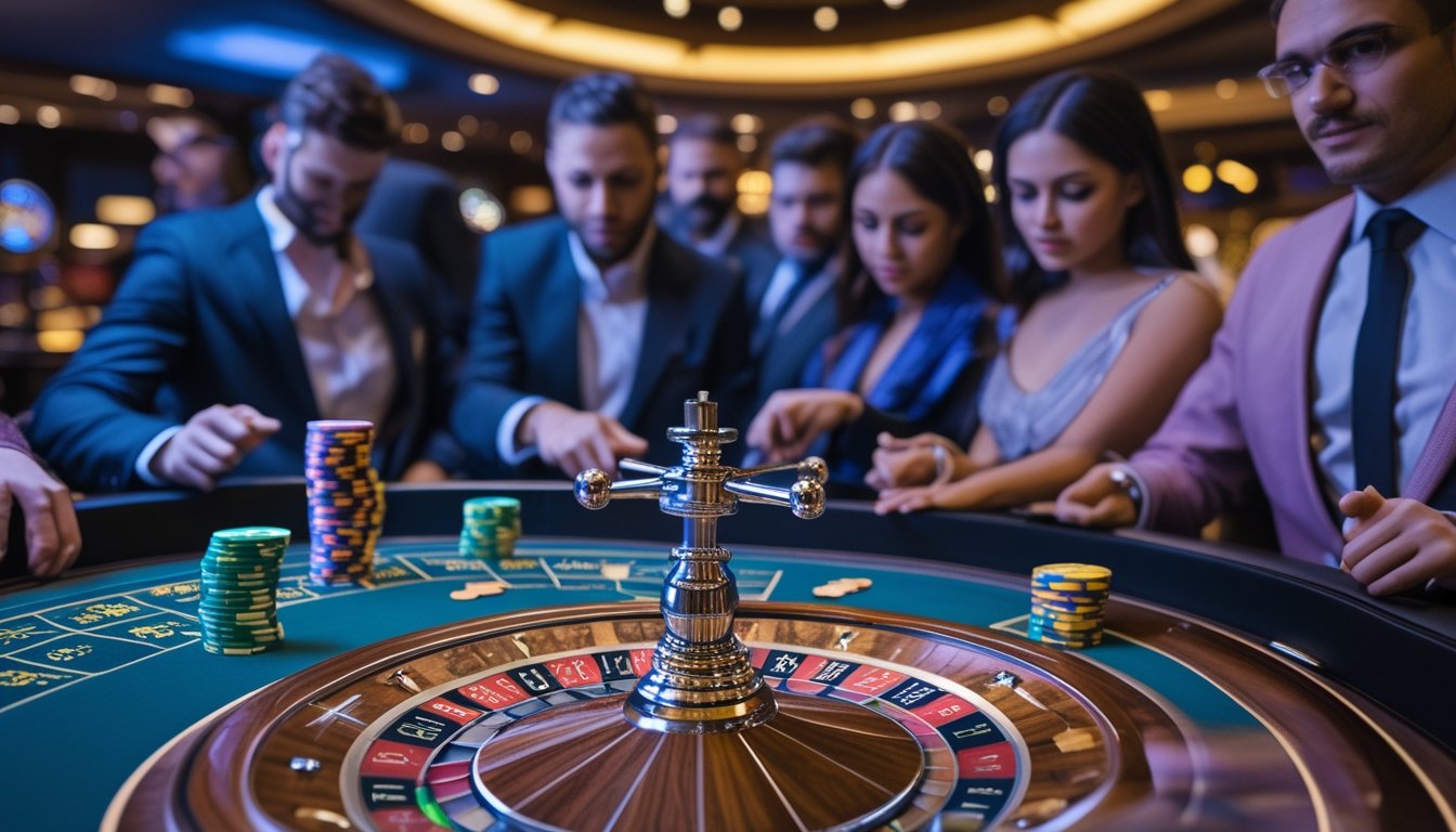 Beberapa pemain berjudi di meja roulette dengan beberapa roda roulette yang berputar secara bersamaan di kasino.