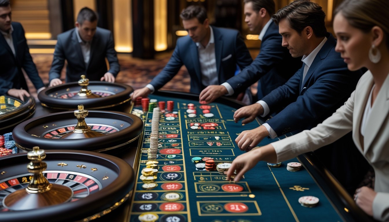 Beberapa pemain memasang taruhan di meja roulette dengan beberapa roda roulette yang berputar di kasino.