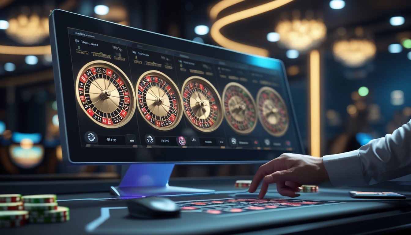 Seseorang sedang bermain roulette multi-wheel secara online di komputer dengan beberapa roda roulette digital yang berputar.