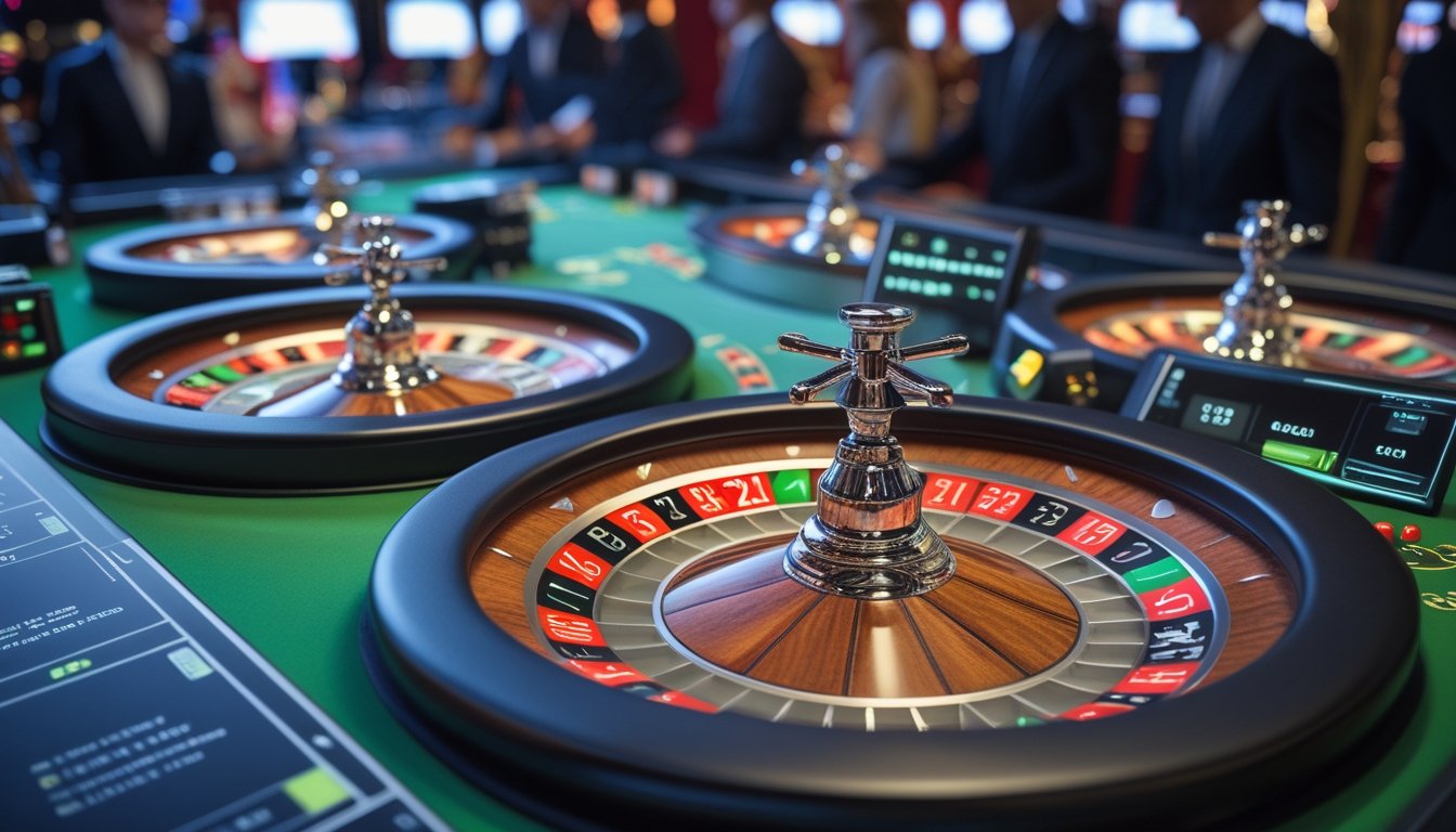 Beberapa roda roulette berjejer di meja kasino dengan tampilan digital dan latar belakang pemain yang sedang bermain.