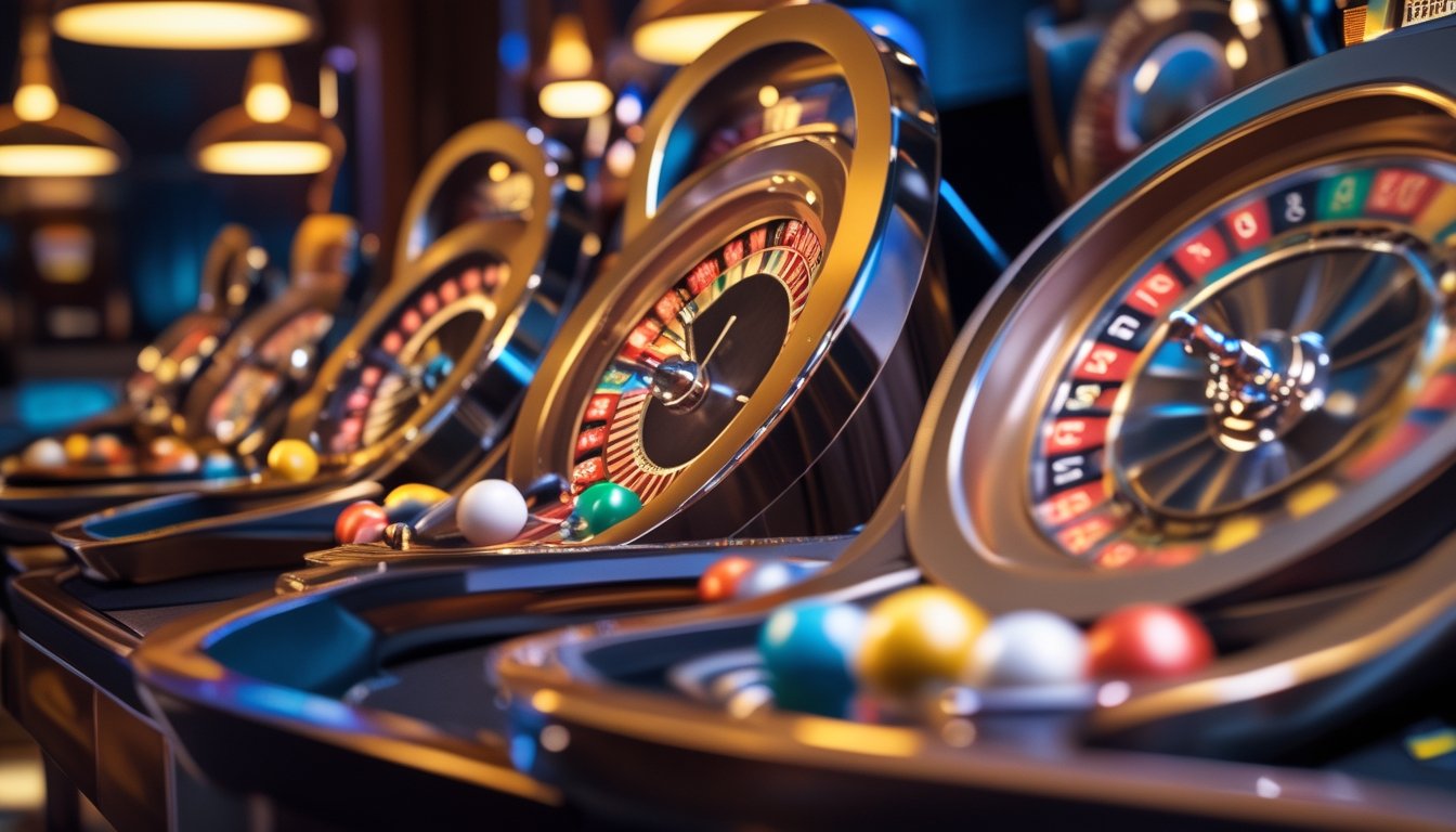 Meja kasino dengan beberapa roda roulette yang berputar secara bersamaan dalam suasana mewah.