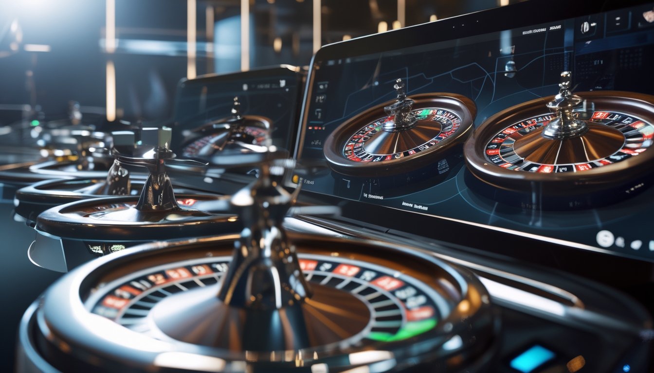 Tampilan antarmuka kasino online dengan beberapa roda roulette berputar secara bersamaan di layar digital.